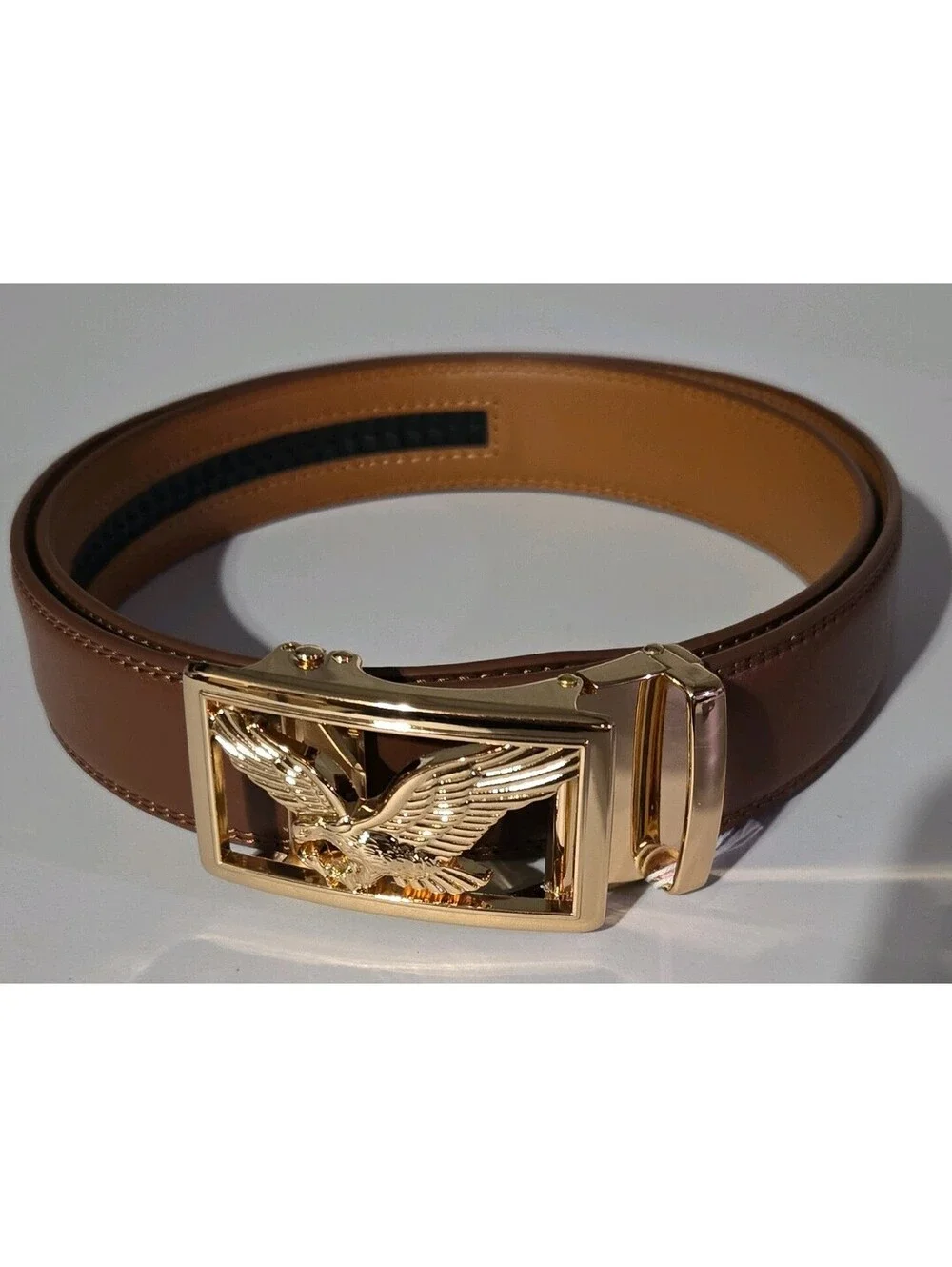 Men's Brown Belt Gold-Tone Eagle Buckle Solid Ratchet Fit 1.5 in Size 44